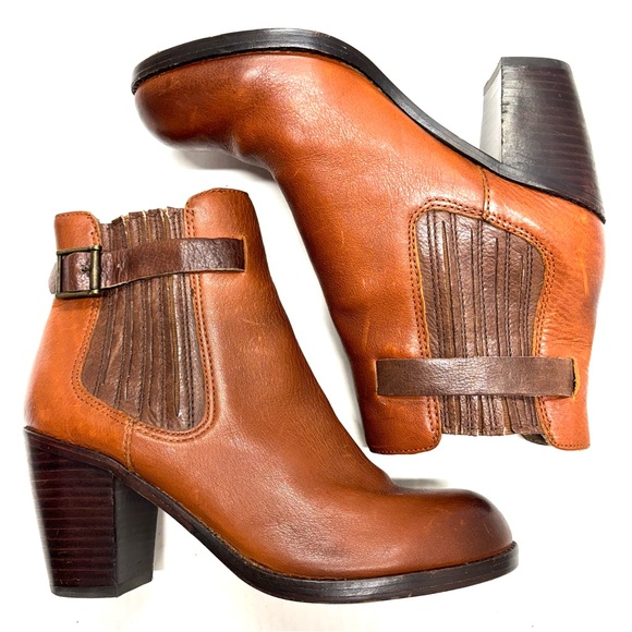 Dolce Vita Blocked Heeled Leather Ankle Boots With Adjustable Straps Cognac 8.5 - Picture 1 of 16